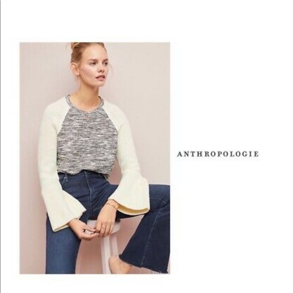 Anthro Ivory/Grey Knit Raglan Bell Sleeve Sweater